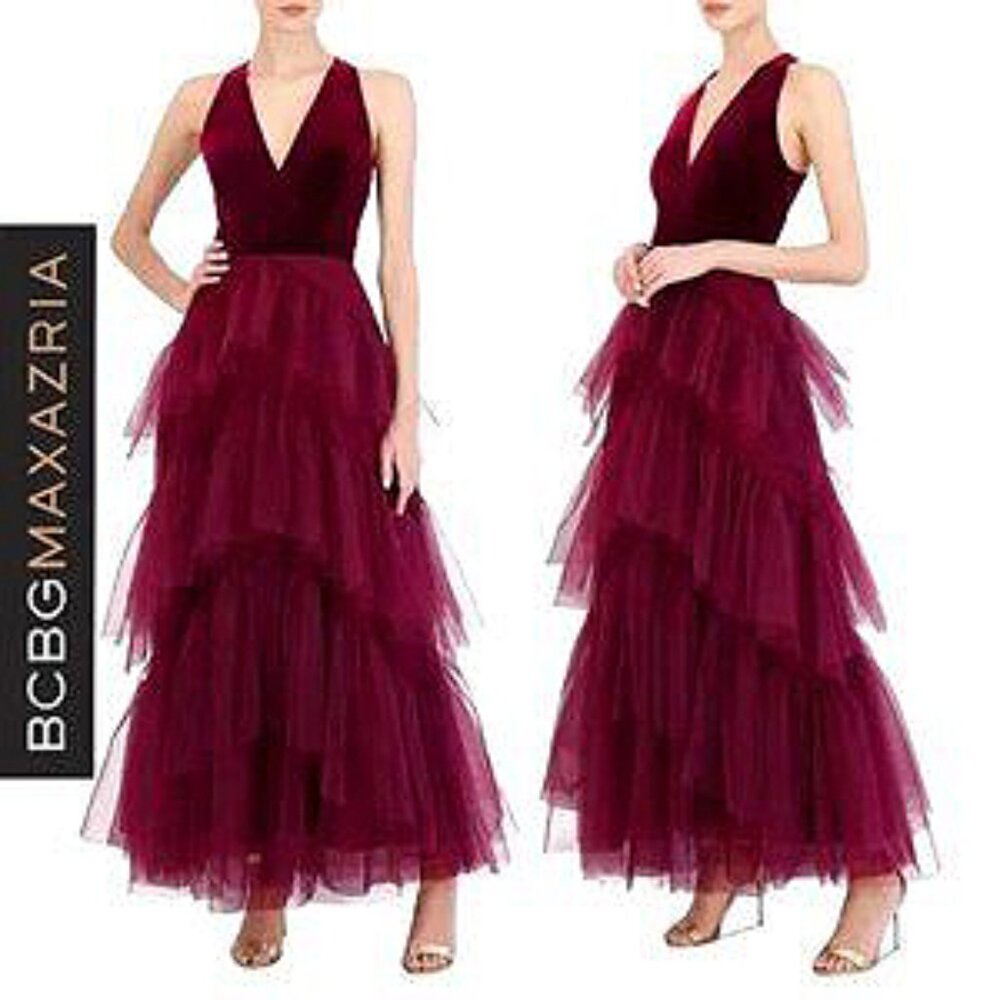 💥BREATHTAKING💥BCBGMAXAZRIA Velvet & Tulle Ruffled Gown in Cobernet